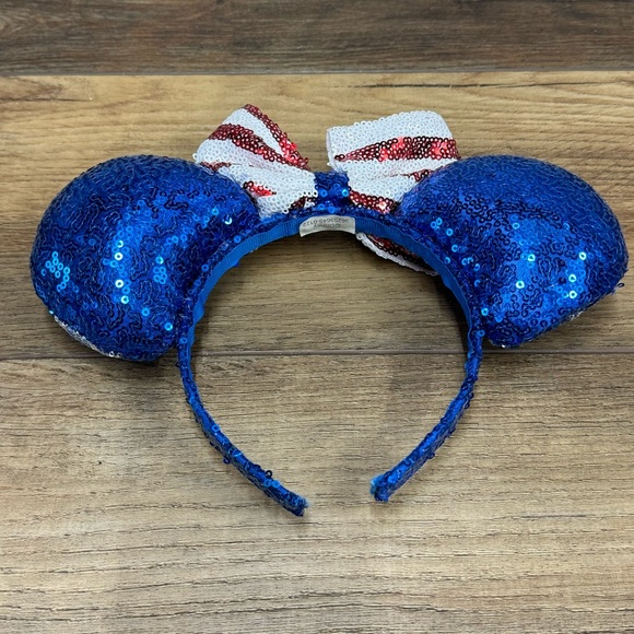Disney Minnie Mouse Patriotic Sequin Ears • Headband Red White Blue Star Stripe - Picture 4 of 6